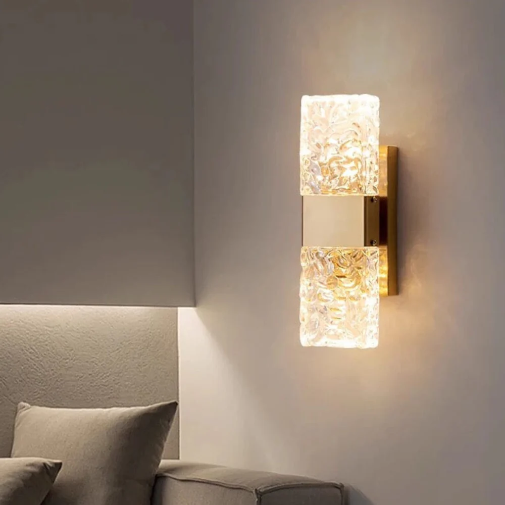 Art Deco Ripple Glass Wall Sconce - Dual Ice Crystal Block Light - Image 7