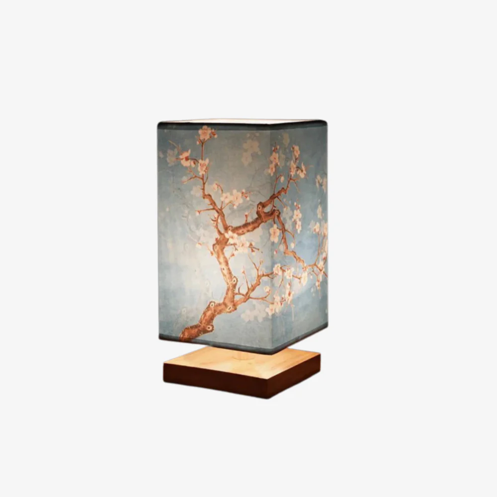 Asian-Inspired Fabric Box Light with Wood Base - Artistic Floral Accent Lamp