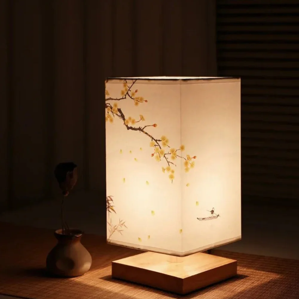 Asian-Inspired Fabric Box Light with Wood Base - Artistic Floral Accent Lamp - Image 11