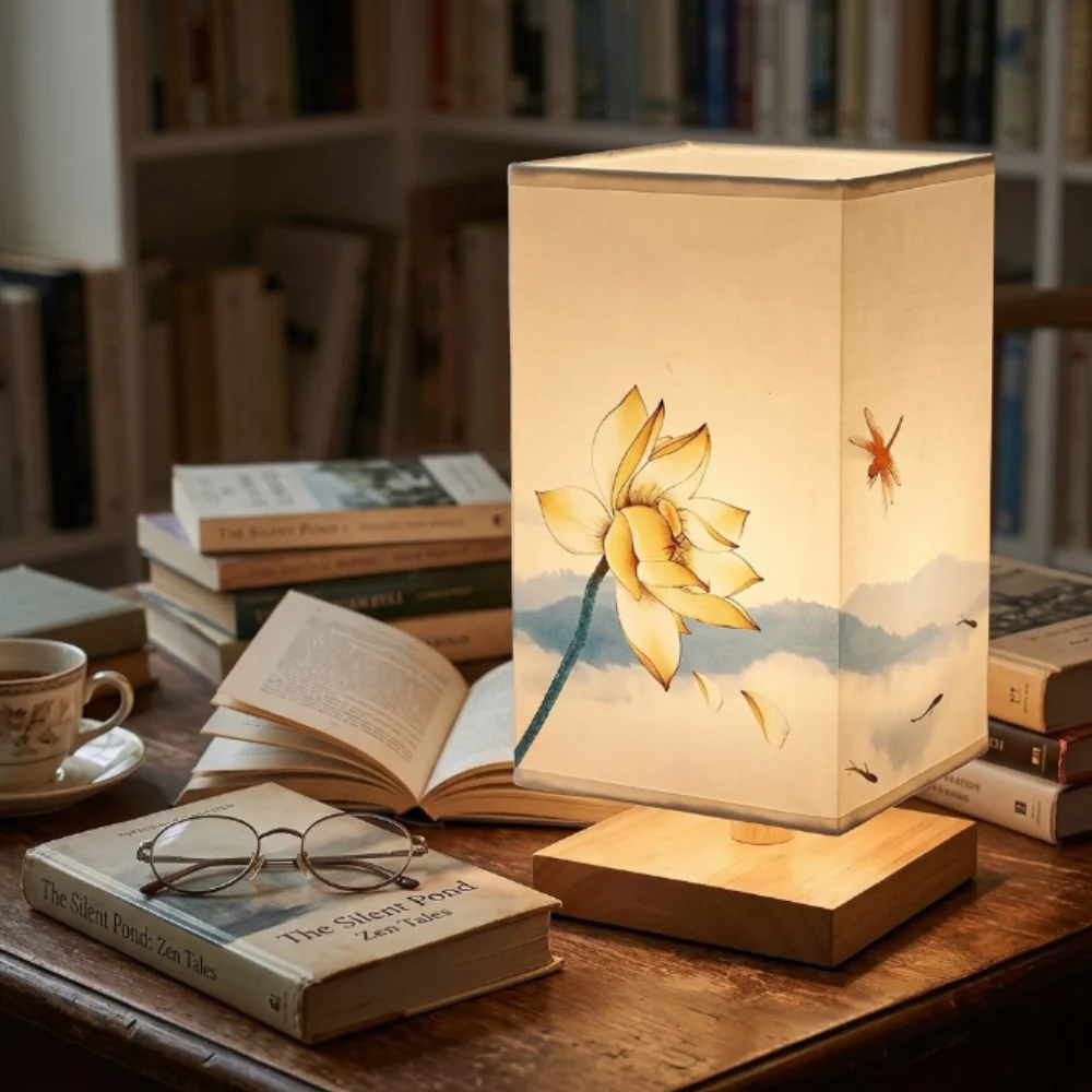 Asian-Inspired Fabric Box Light with Wood Base - Artistic Floral Accent Lamp - Image 3