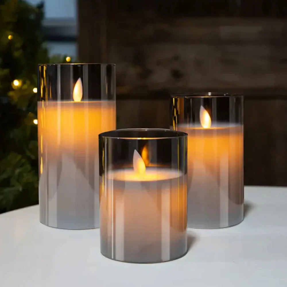 Battery Operated Moving Wick Candles - Minimalist Smoky Glass Set of 3 - Image 5
