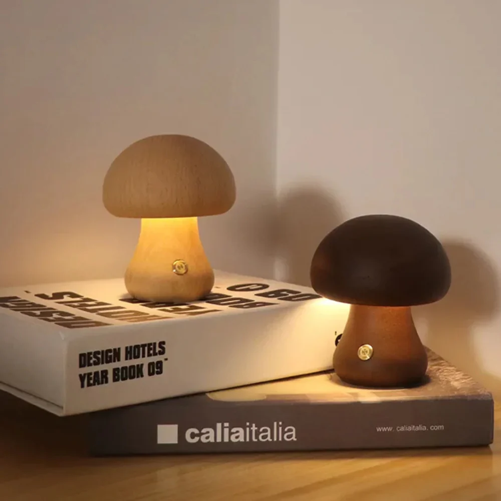 Cordless Mushroom Table Lamp in Carved Wood Mushroom - Rechargeable LED Style - Image 2