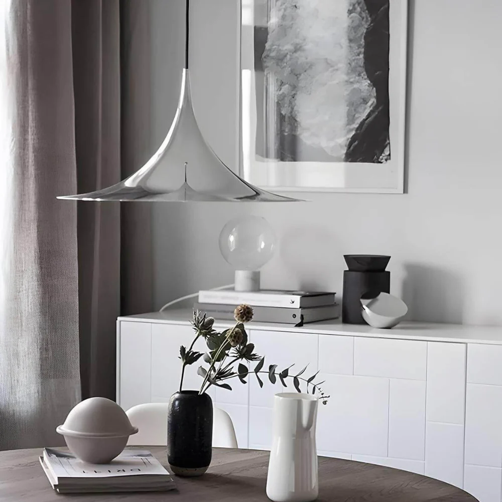 Curved Metal Pendant Light with Steel Shade - Danish Mid Century Style - Image 5