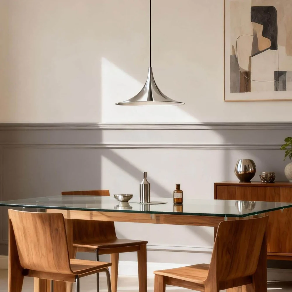 Curved Metal Pendant Light with Steel Shade - Danish Mid Century Style - Image 9