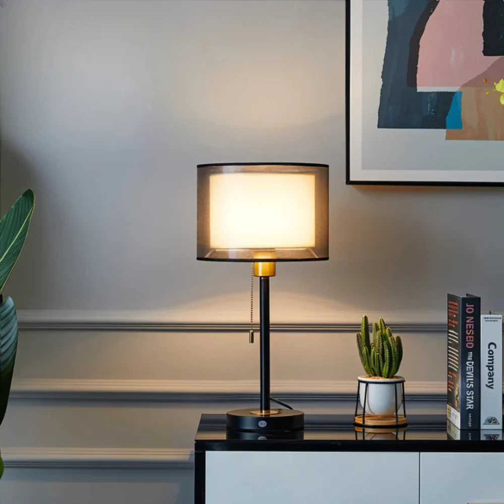 Double Cloth Shade Table Lamp Metal Base - Modern Bedroom Light - Image 3