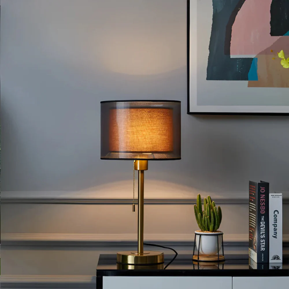 Double Cloth Shade Table Lamp Metal Base - Modern Bedroom Light - Image 4