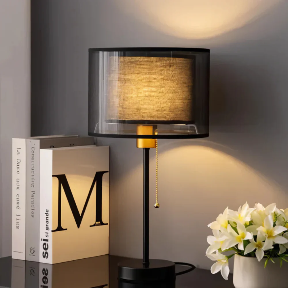 Double Cloth Shade Table Lamp Metal Base - Modern Bedroom Light - Image 7