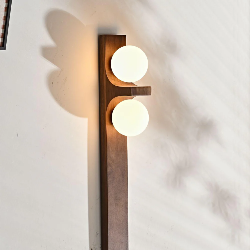 Double Orb Wall Sconce with Carved Wood Base - Mid Century Modern - Image 12