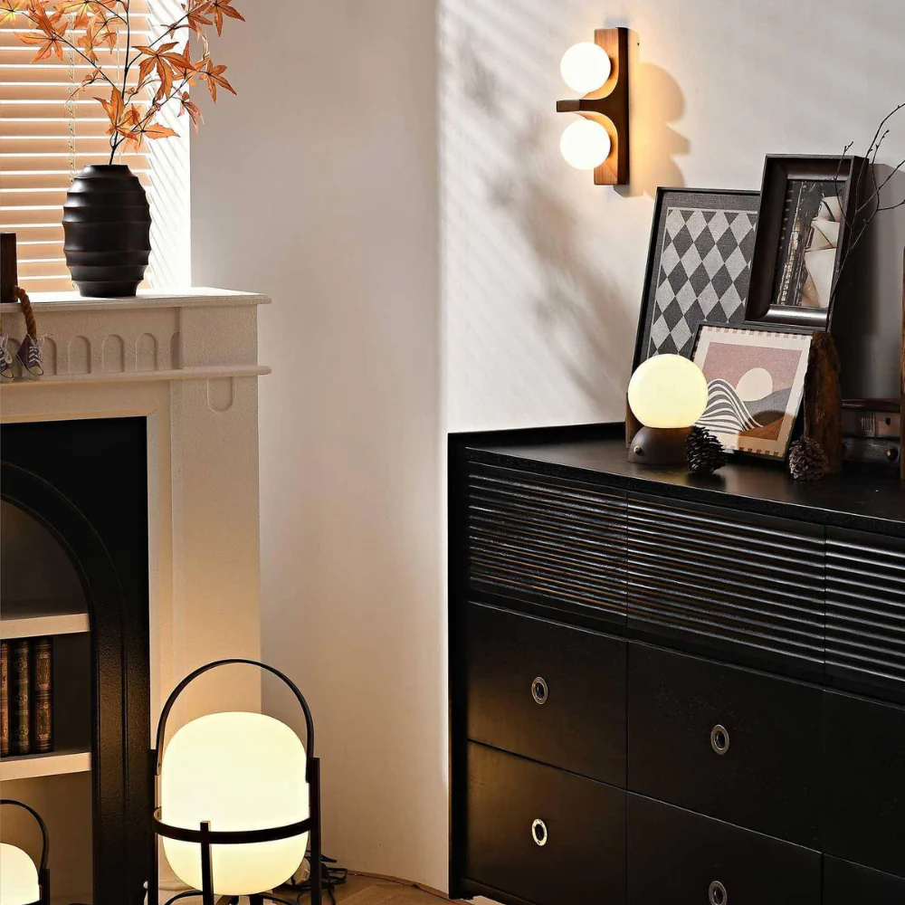 Double Orb Wall Sconce with Carved Wood Base - Mid Century Modern - Image 16