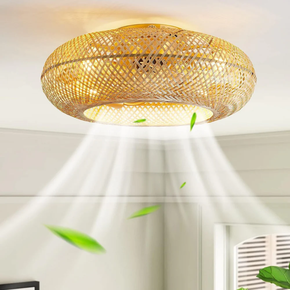 Flush Mount Ceiling Fan Light Woven Bamboo Shade - Coastal Boho Decor - Image 2