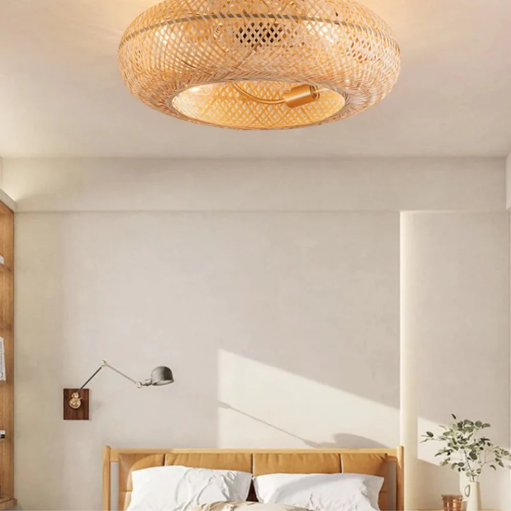 Flush Mount Ceiling Fan Light Woven Bamboo Shade - Coastal Boho Decor - Image 3