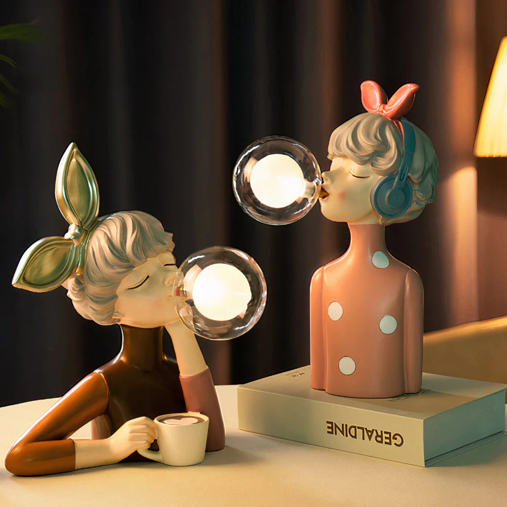 Girl Figurine Lamp with Glass Bubble Orb - Whimsical Pop Art Decor - Image 8