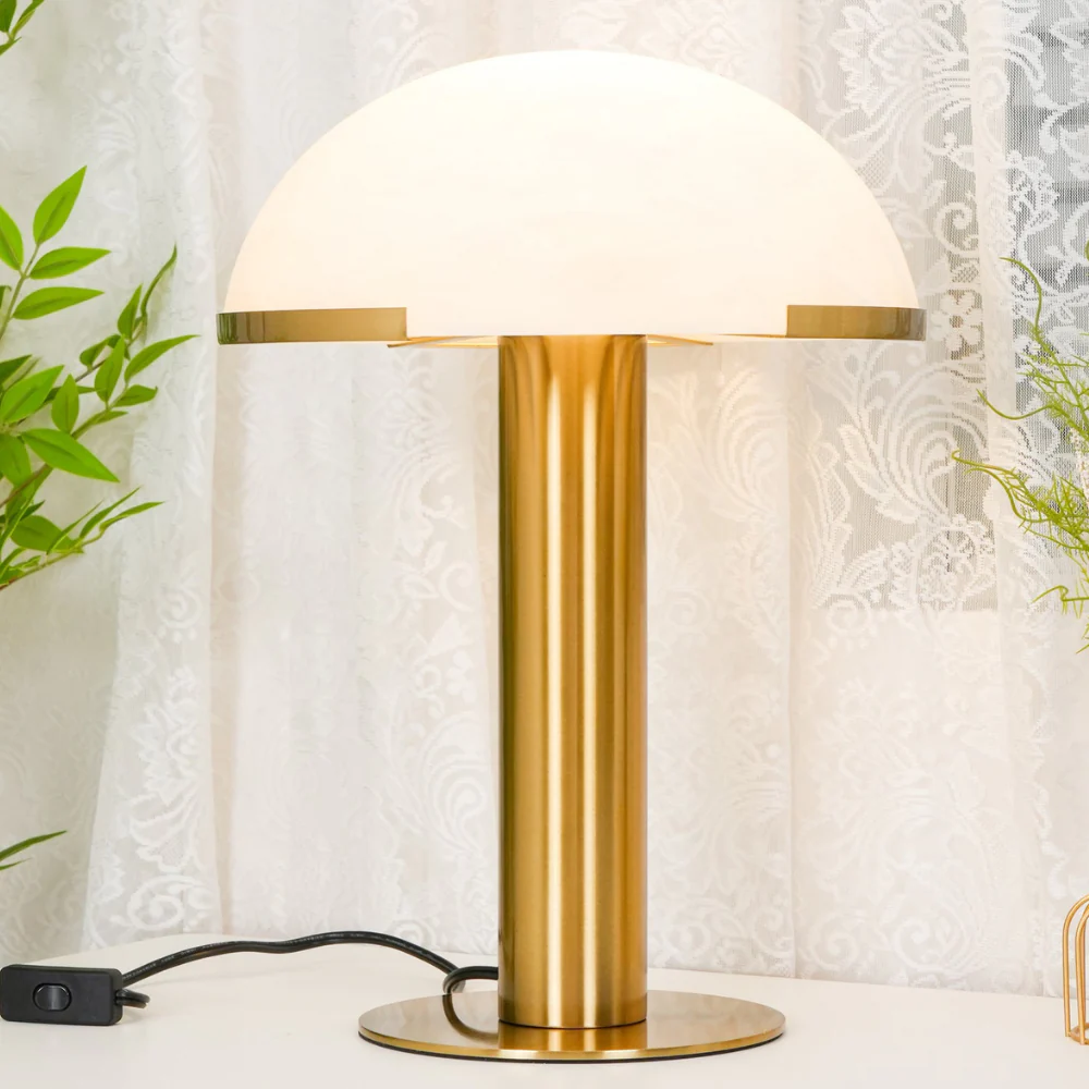 Glass and Alabaster Dome Table Lamp with Metal Base - Mid Century Modern - Image 11