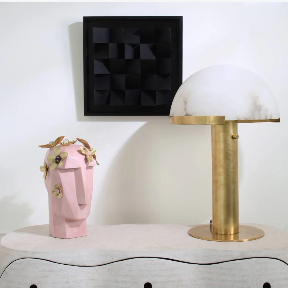 Glass and Alabaster Dome Table Lamp with Metal Base - Mid Century Modern - Image 15