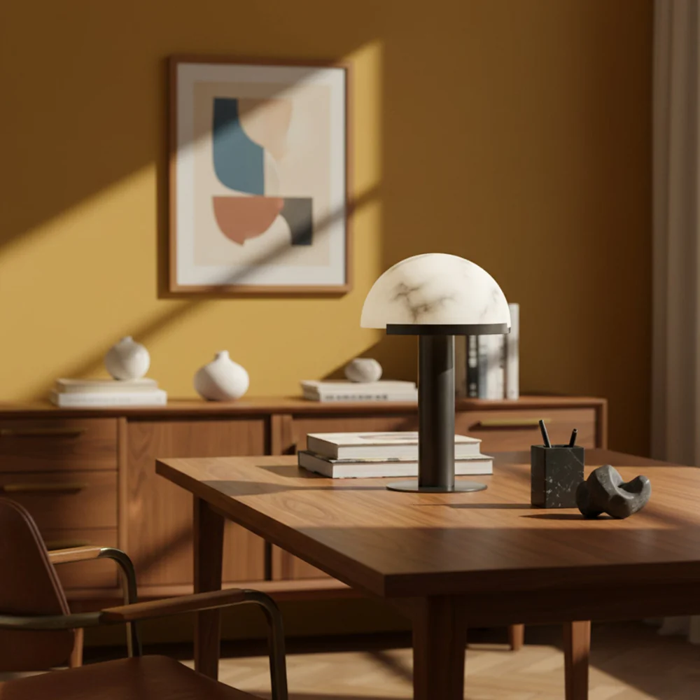 Glass and Alabaster Dome Table Lamp with Metal Base - Mid Century Modern - Image 4