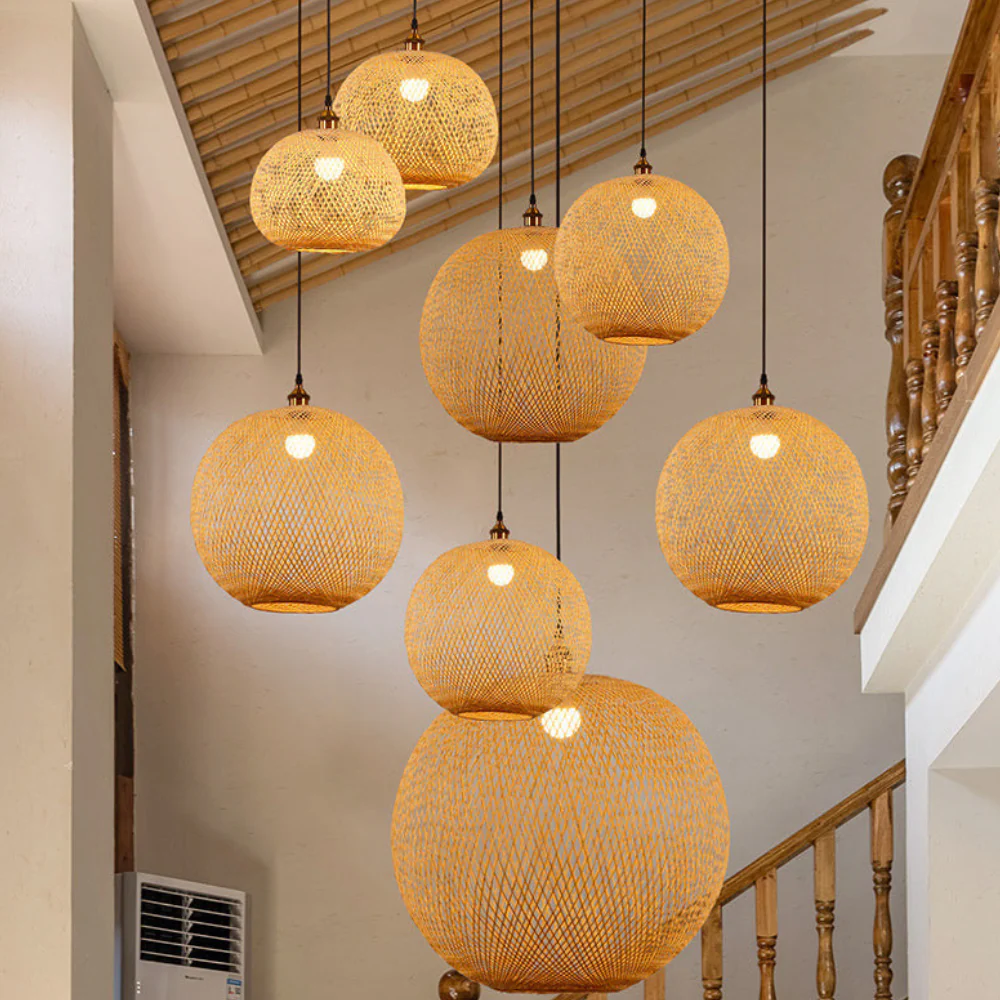 Hand-Woven Bamboo Sphere Pendant - Modern Lattice Hanging Lamp - Image 2