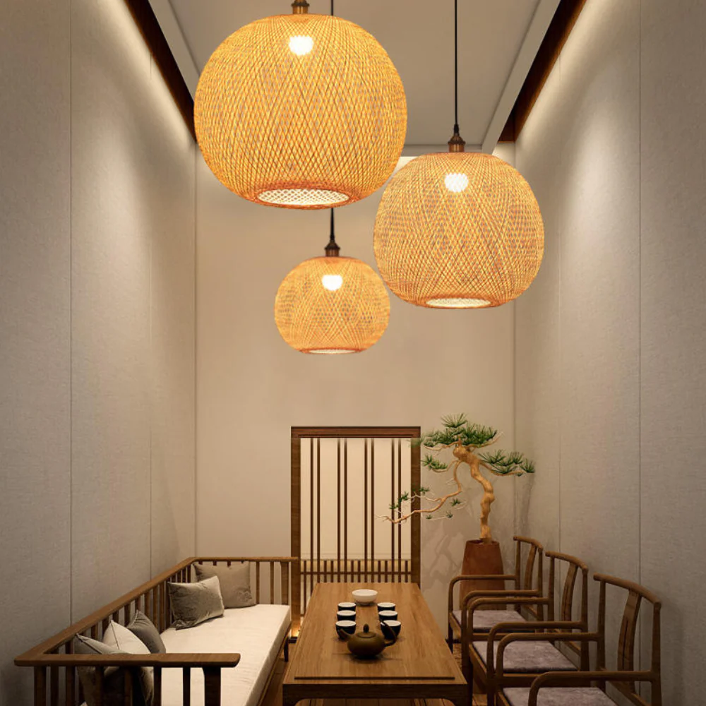 Hand-Woven Bamboo Sphere Pendant - Modern Lattice Hanging Lamp - Image 5