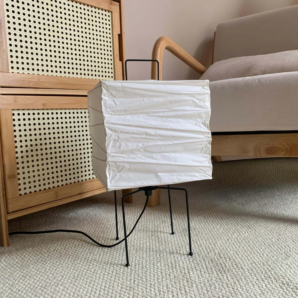 Japanese Paper Lantern Table Lamp with Metal Handle - Wabi Sabi Design - Image 12