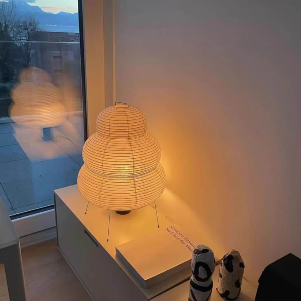 Japanese Rice Paper Table Lamp with Four Legs - Wabi Sabi Tiered Lantern - Image 8