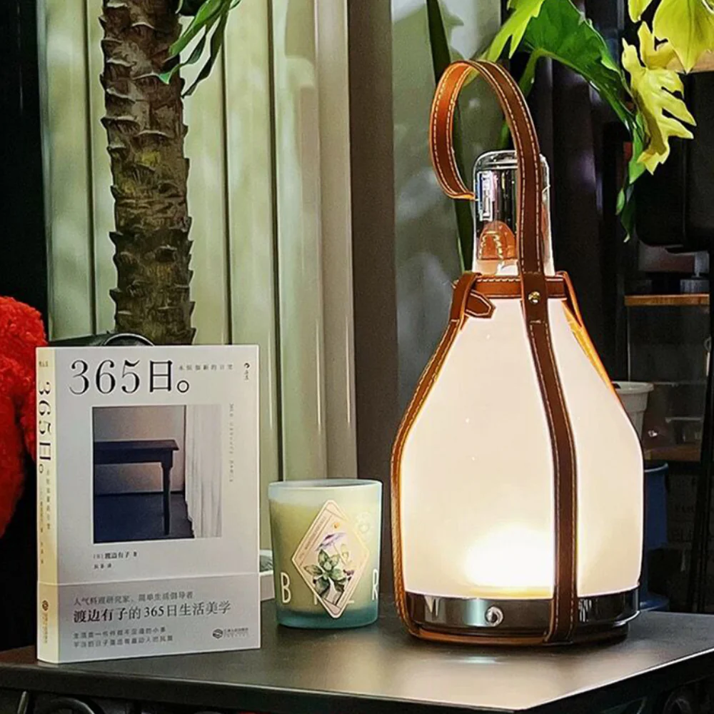 Lantern Table Lamp with Leather Strap - Modern Mid Century Portable - Image 3