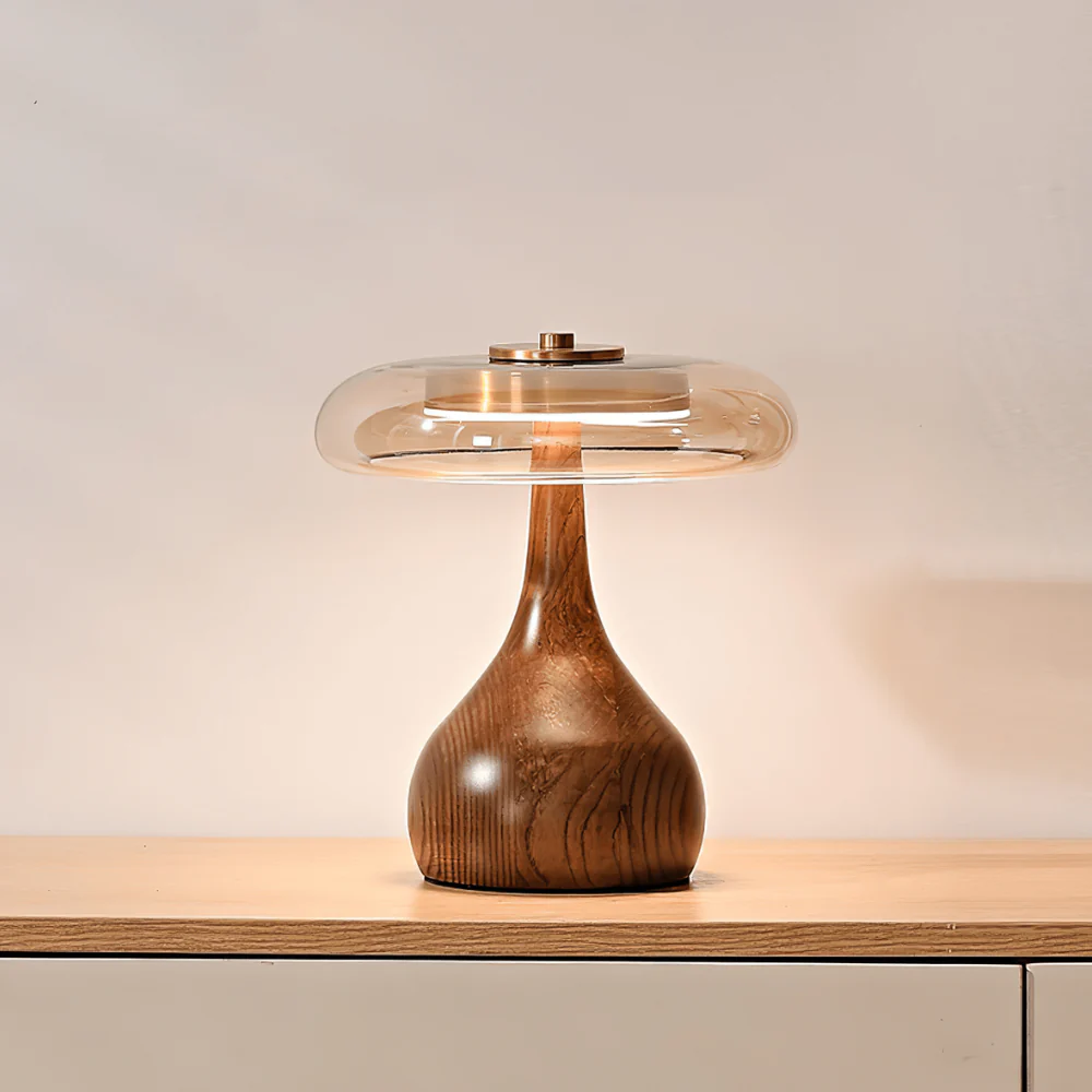 Mid-Century Modern Amber Glass and Walnut Wood LED Mushroom Table Lamp - Image 12