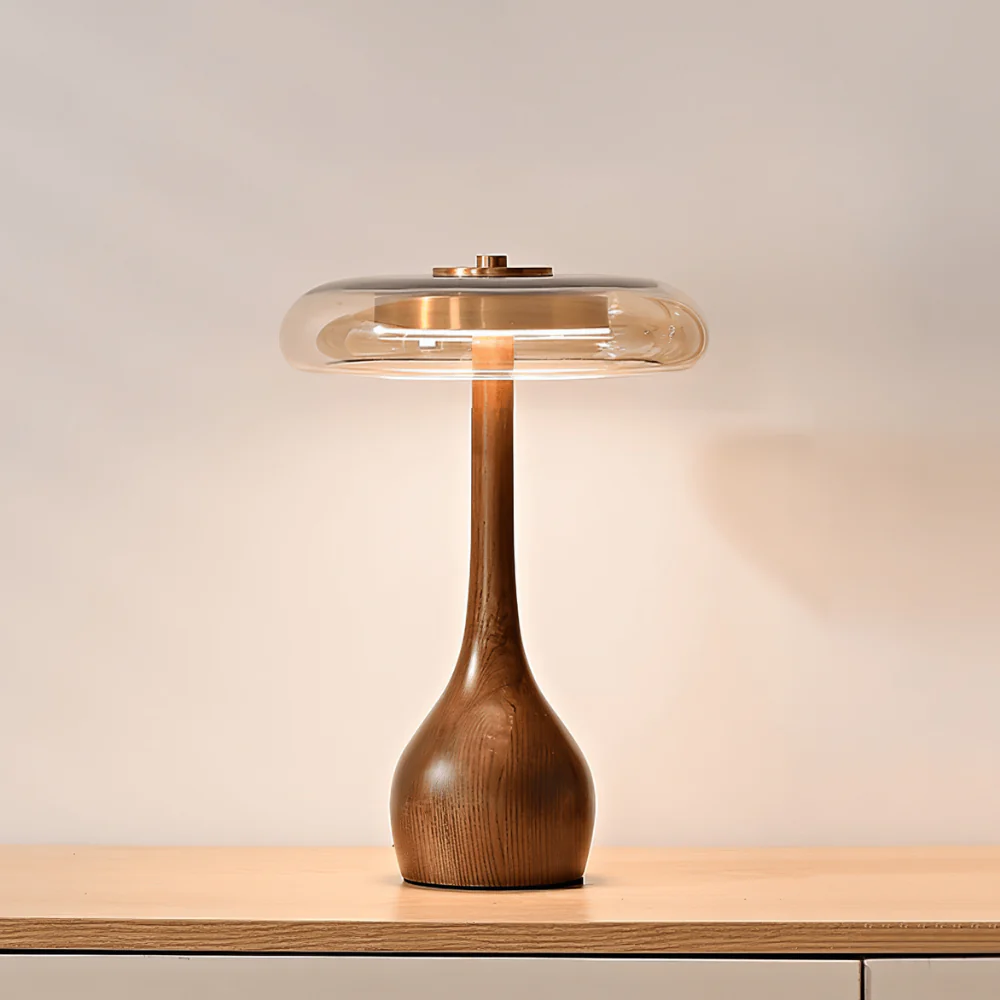 Mid-Century Modern Amber Glass and Walnut Wood LED Mushroom Table Lamp - Image 13