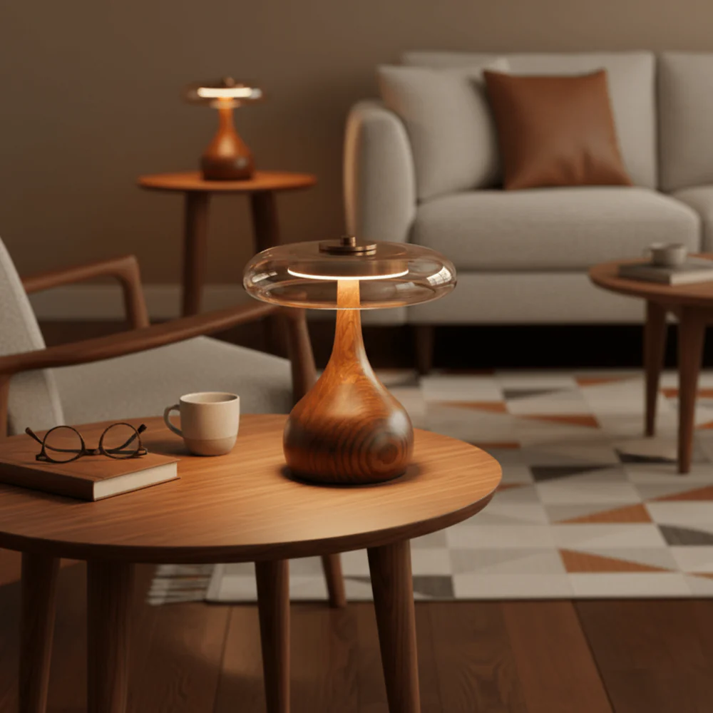 Mid-Century Modern Amber Glass and Walnut Wood LED Mushroom Table Lamp - Image 3