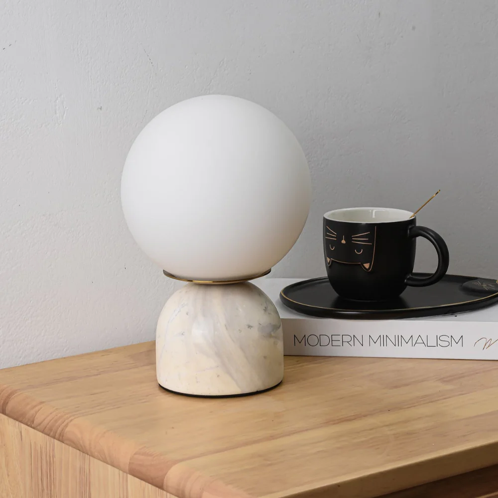 Mid-Century Modern Marble Table Lamp - Round Glass Globe Bedside Light - Image 4