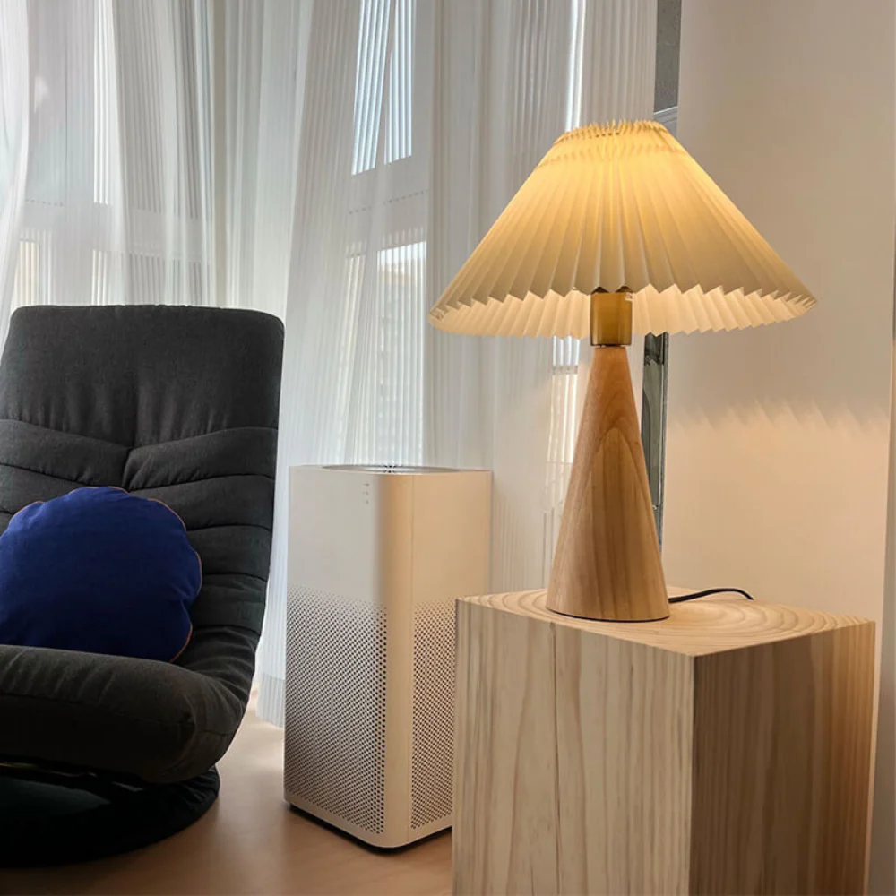 Mid-Century Modern Pleated Table Lamp - Wood Base Cone Desk Light LED - Image 5