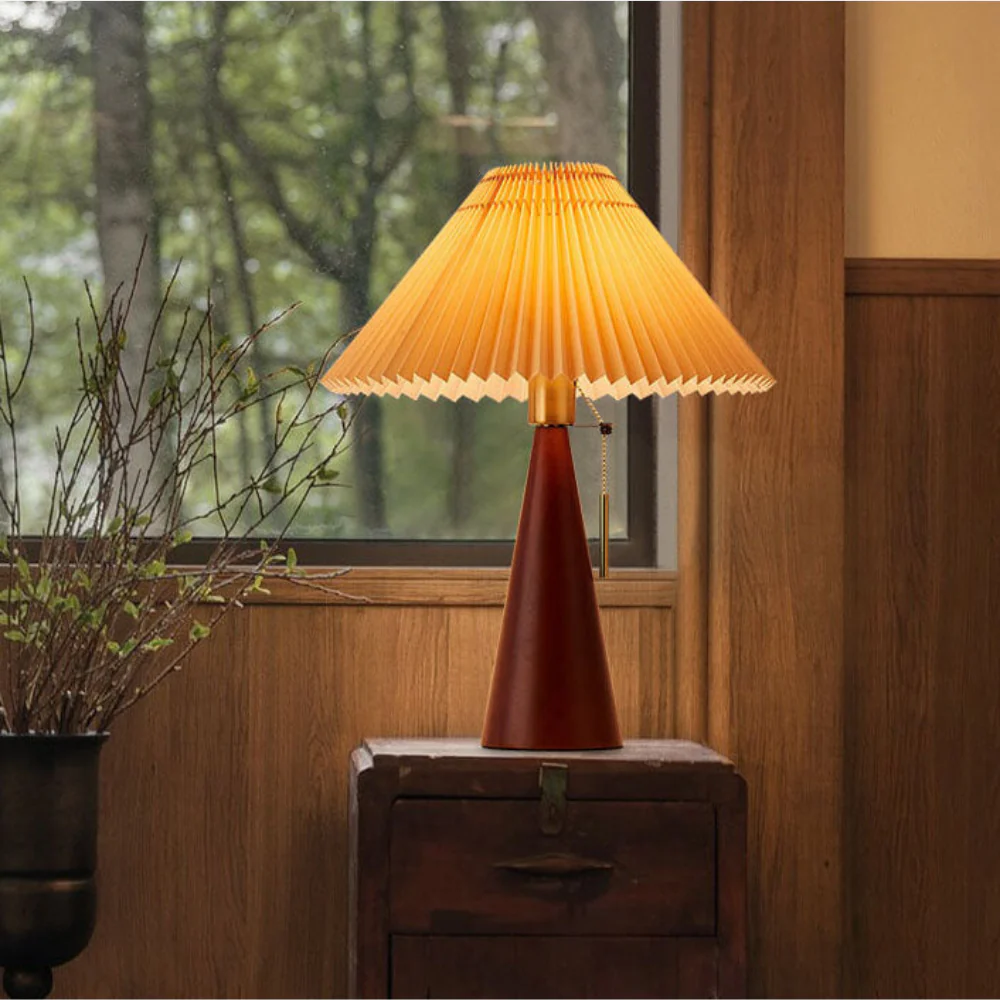 Mid-Century Modern Pleated Table Lamp - Wood Base Cone Desk Light LED - Image 7
