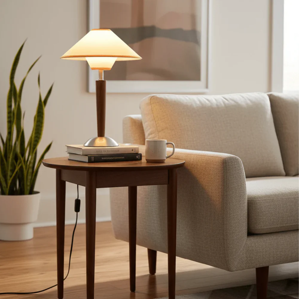 Modern Mid Century Tapered Table Lamp with Flared Fabric Shade - Image 2