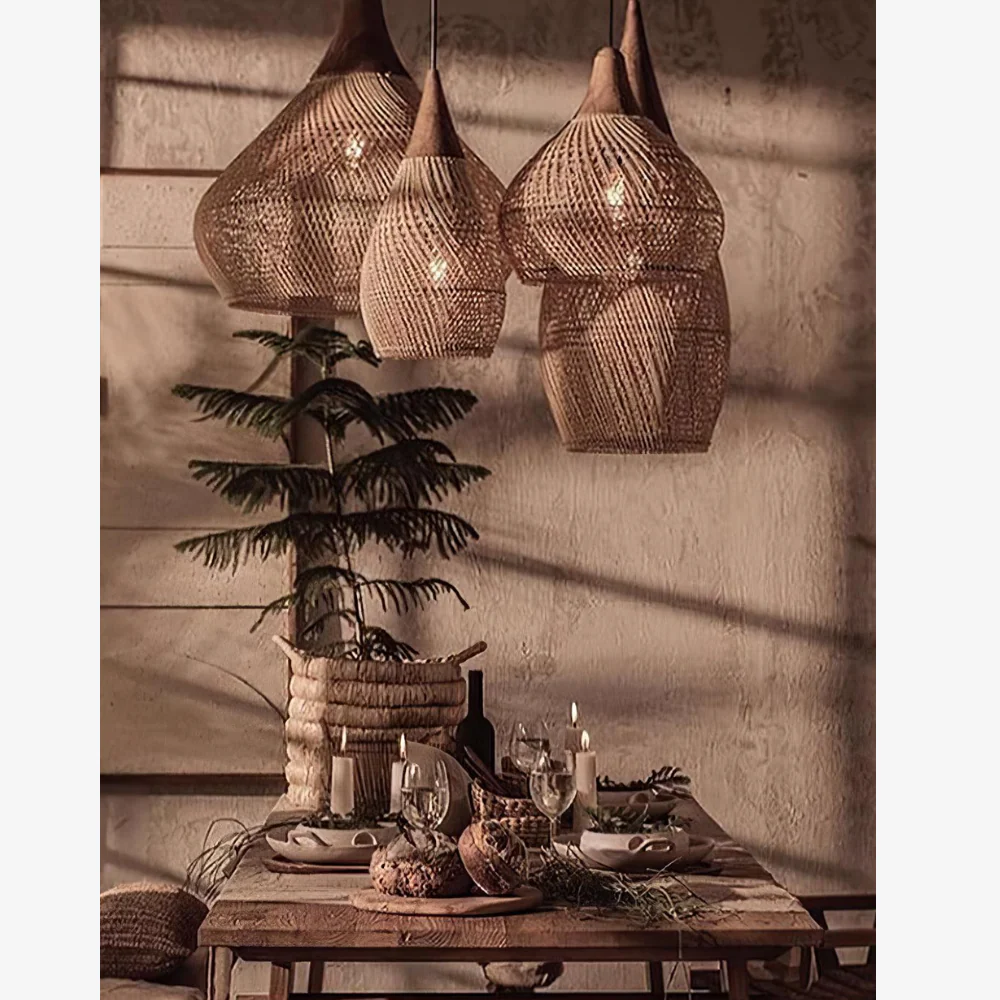 Modern Rattan Silhouette Pendant Light - Woven Basket Hanging Lamp with Wood Cap - Image 10