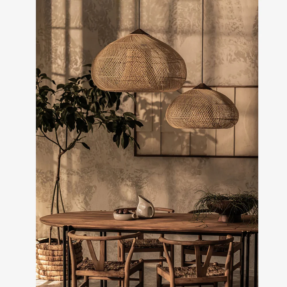 Modern Rattan Silhouette Pendant Light - Woven Basket Hanging Lamp with Wood Cap - Image 11
