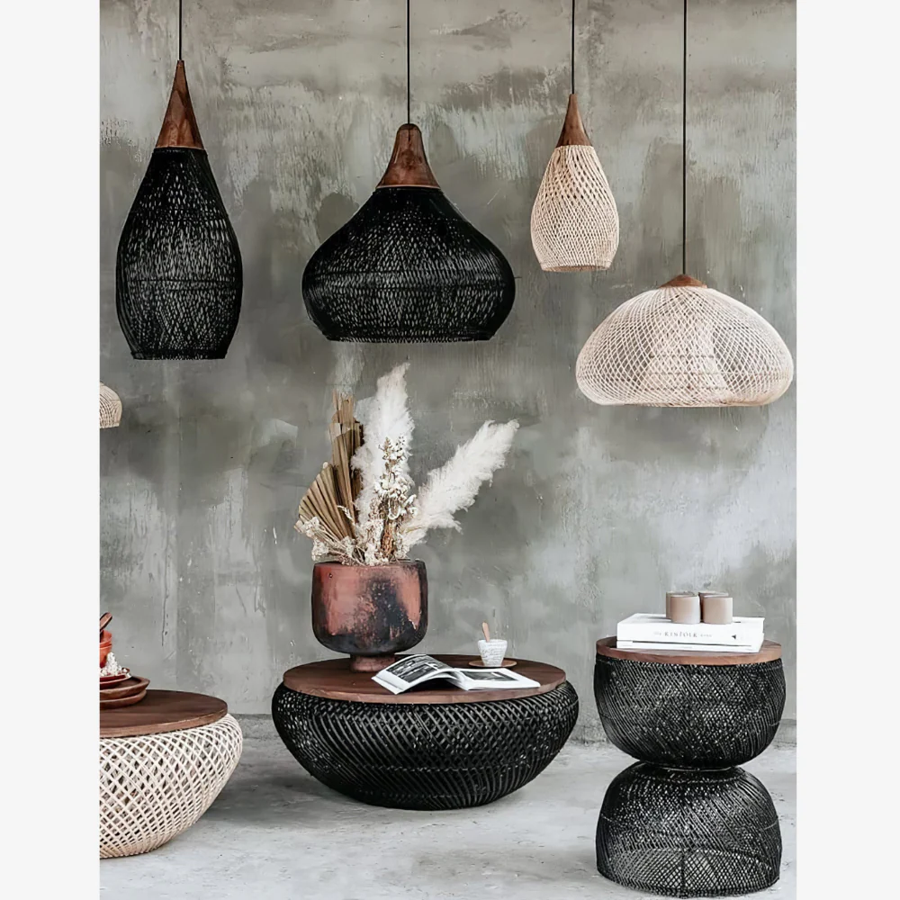 Modern Rattan Silhouette Pendant Light - Woven Basket Hanging Lamp with Wood Cap - Image 12