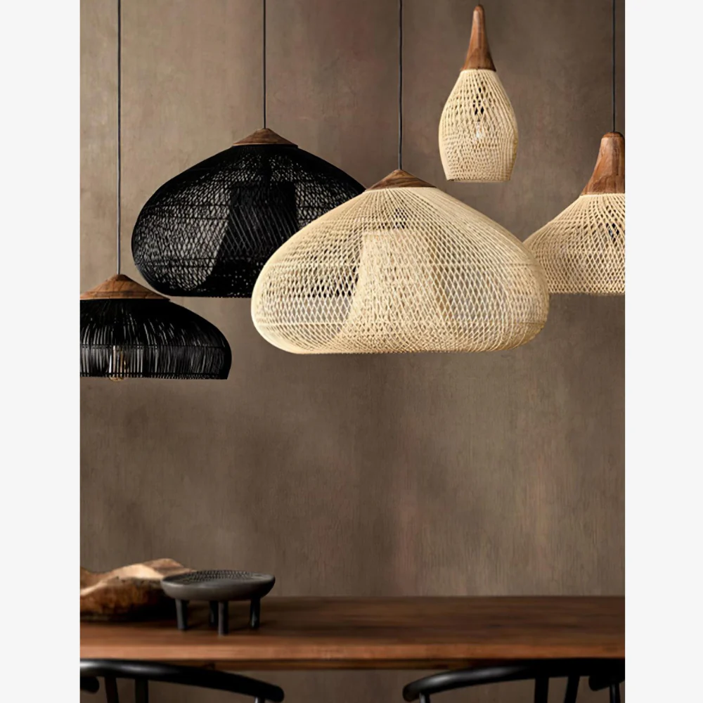 Modern Rattan Silhouette Pendant Light - Woven Basket Hanging Lamp with Wood Cap - Image 13
