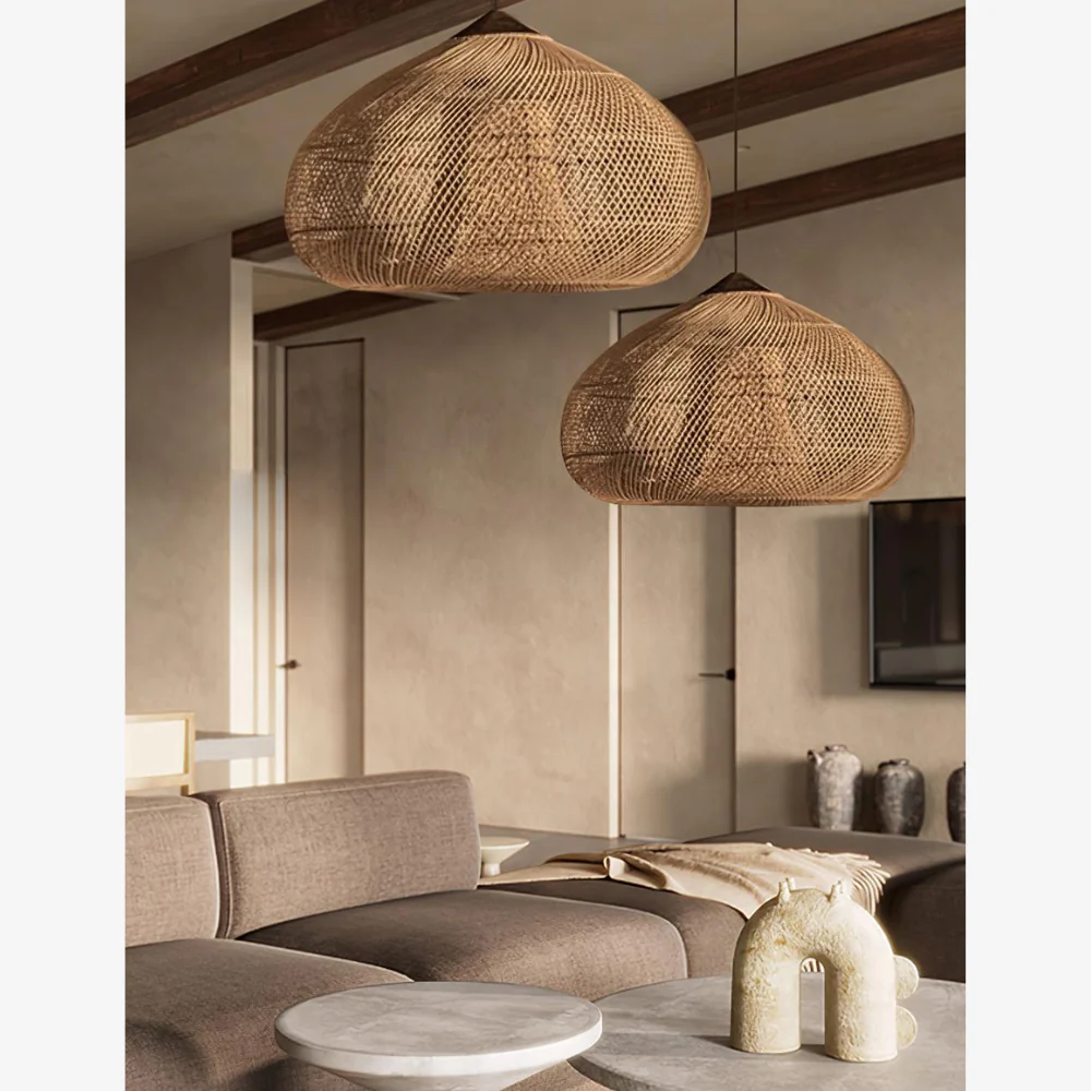 Modern Rattan Silhouette Pendant Light - Woven Basket Hanging Lamp with Wood Cap - Image 14