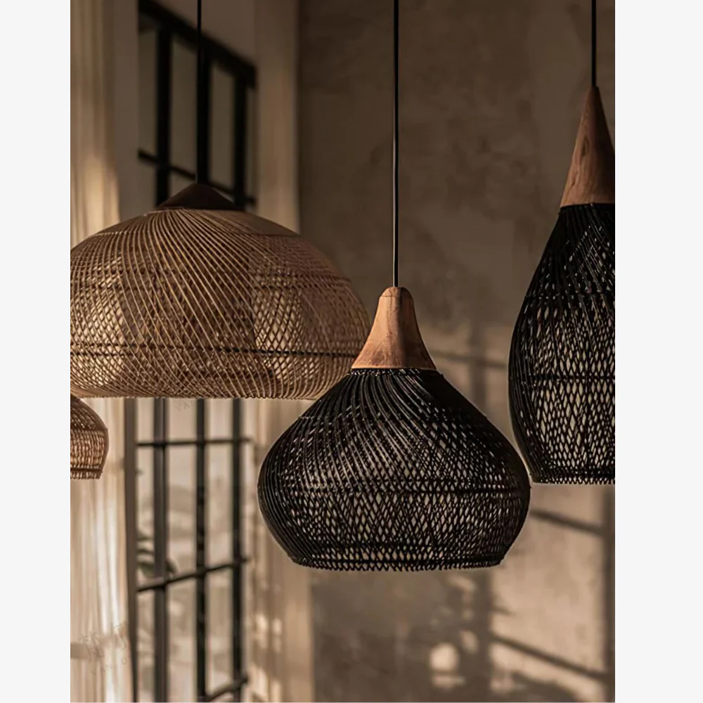 Modern Rattan Silhouette Pendant Light - Woven Basket Hanging Lamp with Wood Cap - Image 15