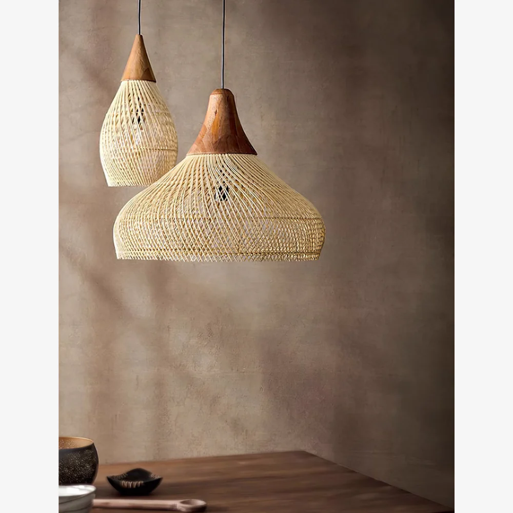 Modern Rattan Silhouette Pendant Light - Woven Basket Hanging Lamp with Wood Cap - Image 16
