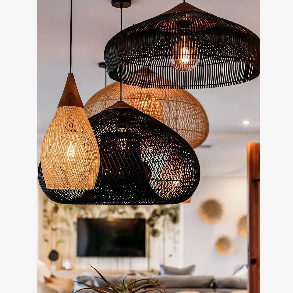 Modern Rattan Silhouette Pendant Light - Woven Basket Hanging Lamp with Wood Cap - Image 17