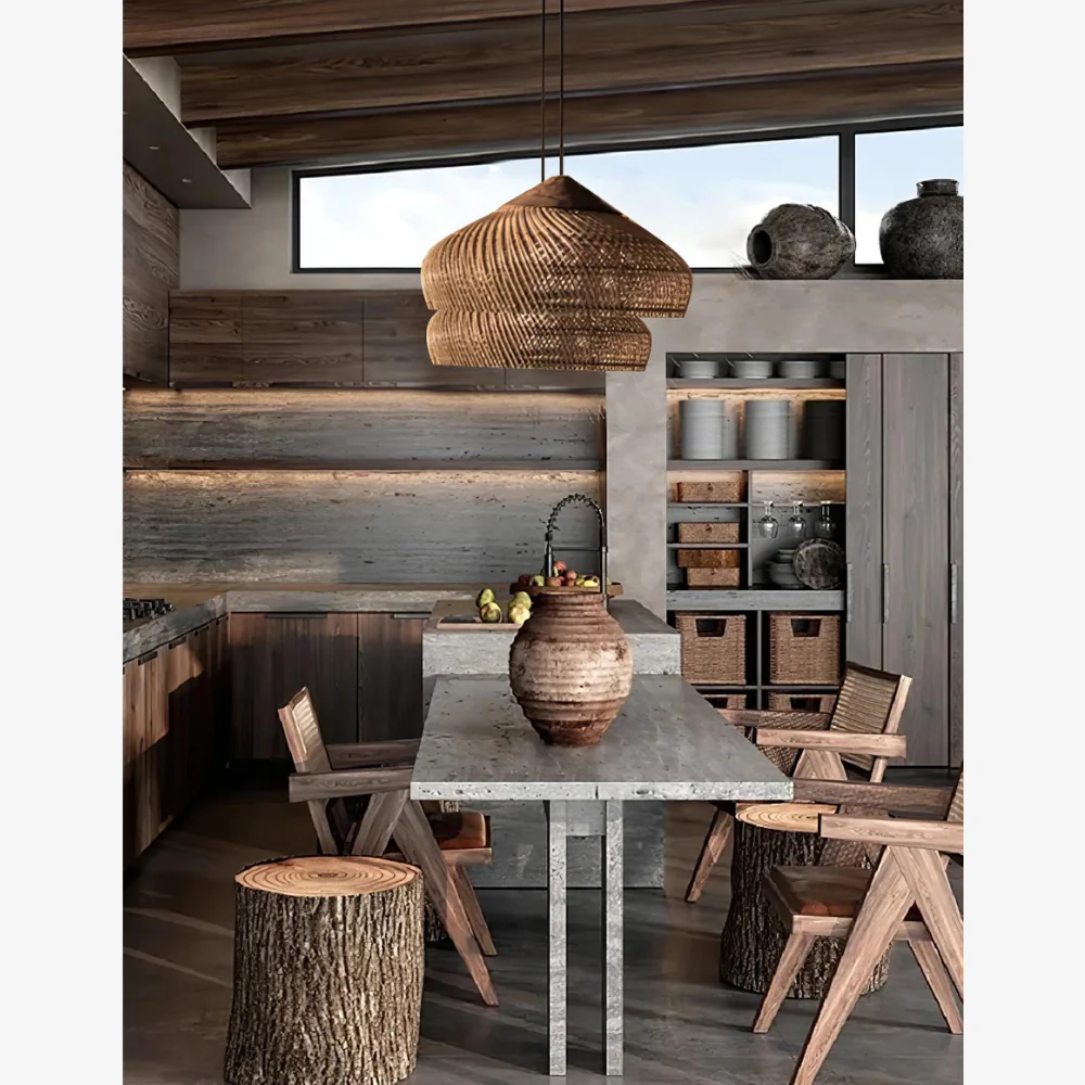 Modern Rattan Silhouette Pendant Light - Woven Basket Hanging Lamp with Wood Cap - Image 18