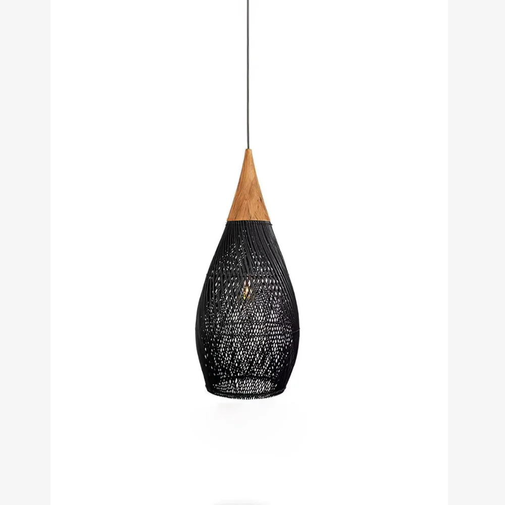 Modern Rattan Silhouette Pendant Light - Woven Basket Hanging Lamp with Wood Cap - Image 19