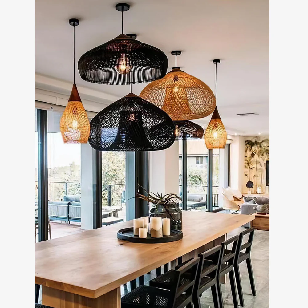 Modern Rattan Silhouette Pendant Light - Woven Basket Hanging Lamp with Wood Cap - Image 2