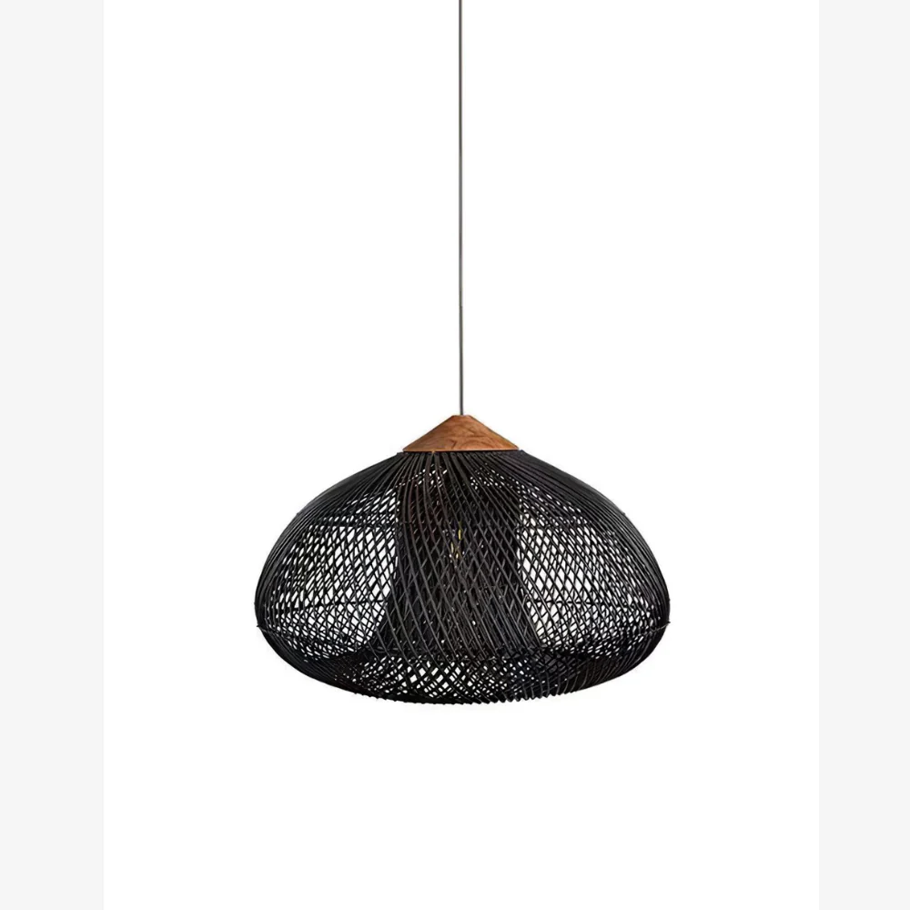Modern Rattan Silhouette Pendant Light - Woven Basket Hanging Lamp with Wood Cap - Image 22