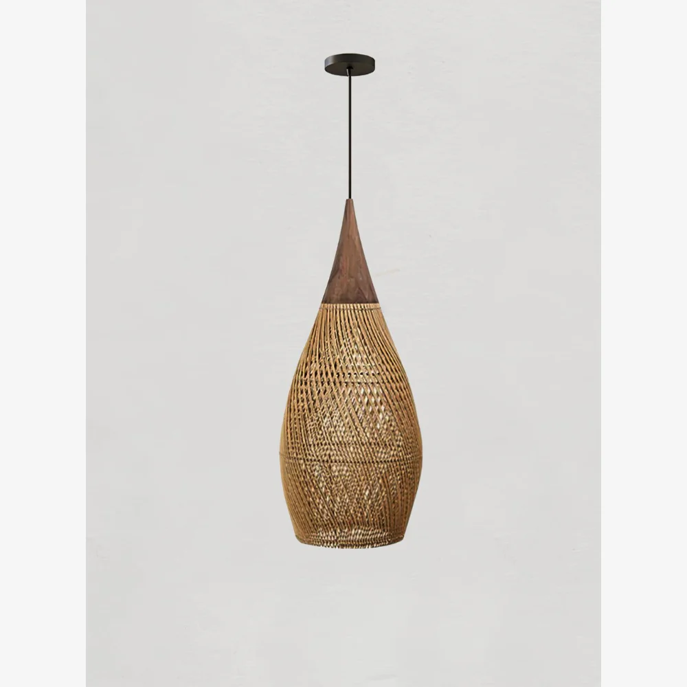 Modern Rattan Silhouette Pendant Light - Woven Basket Hanging Lamp with Wood Cap - Image 23