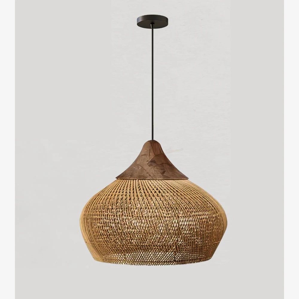 Modern Rattan Silhouette Pendant Light - Woven Basket Hanging Lamp with Wood Cap - Image 25