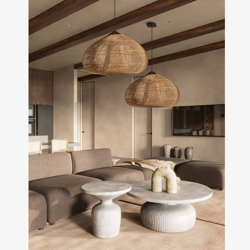 Modern Rattan Silhouette Pendant Light - Woven Basket Hanging Lamp with Wood Cap - Image 4