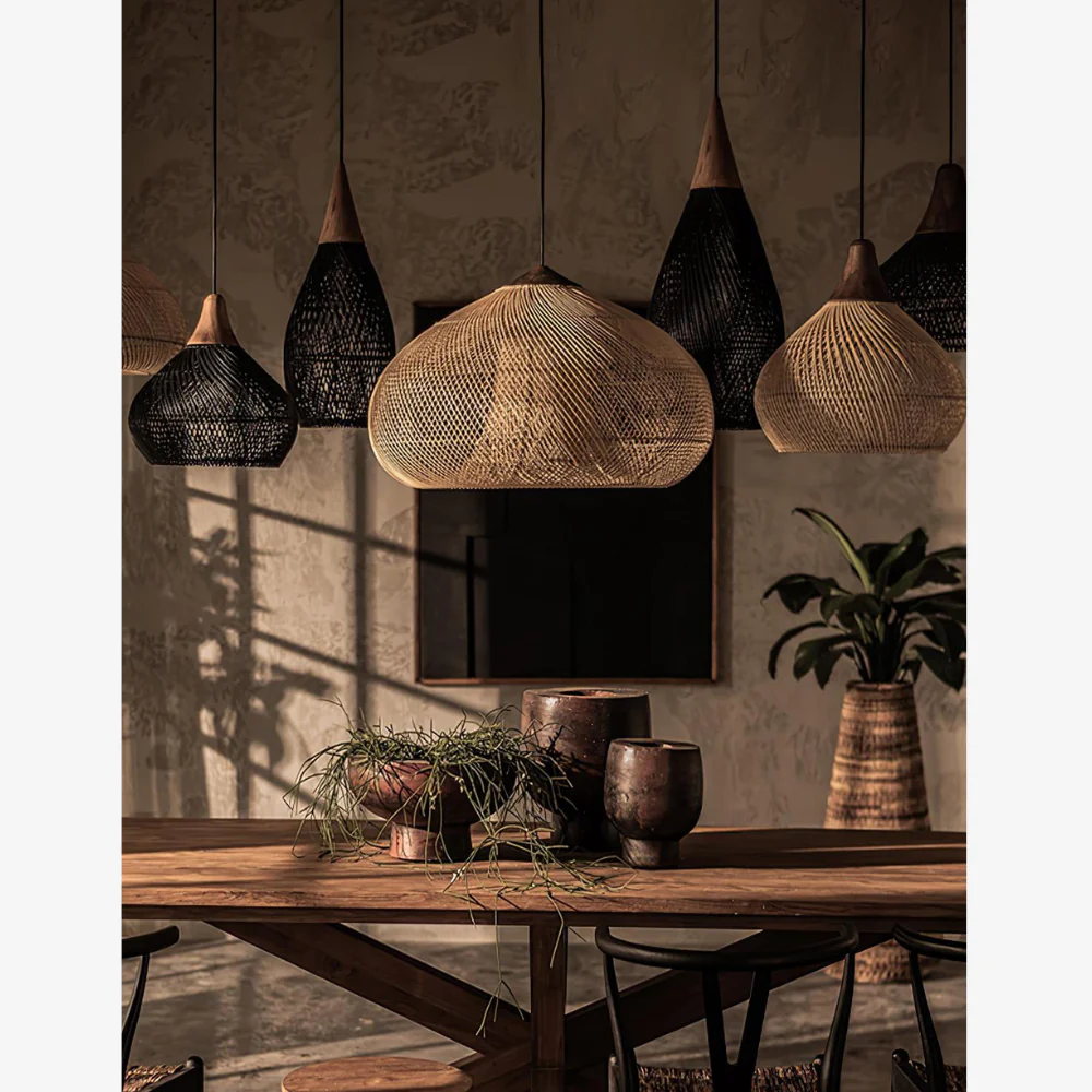 Modern Rattan Silhouette Pendant Light - Woven Basket Hanging Lamp with Wood Cap - Image 5