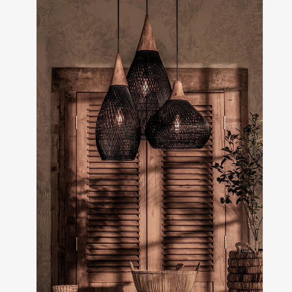 Modern Rattan Silhouette Pendant Light - Woven Basket Hanging Lamp with Wood Cap - Image 6