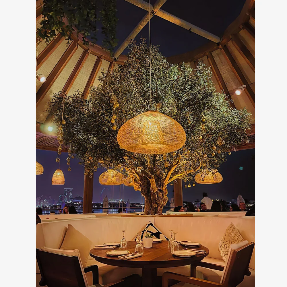 Modern Rattan Silhouette Pendant Light - Woven Basket Hanging Lamp with Wood Cap - Image 8