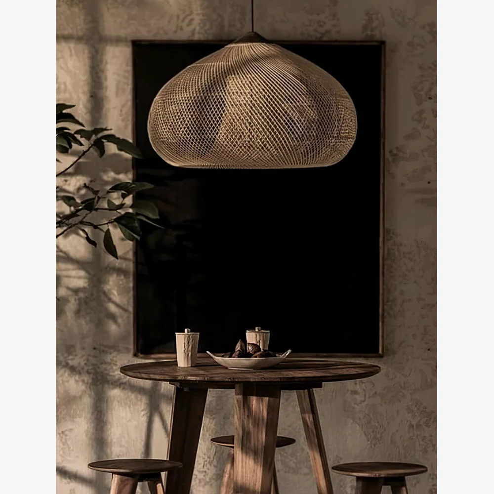 Modern Rattan Silhouette Pendant Light - Woven Basket Hanging Lamp with Wood Cap - Image 9